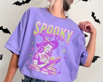 Spooky Book Girl Halloween Witch Comfort Colors Shirt, Bookish Gift Bookworm Tshirt Scary Book Lover Reader Tee Aesthetic Oversized Trendy