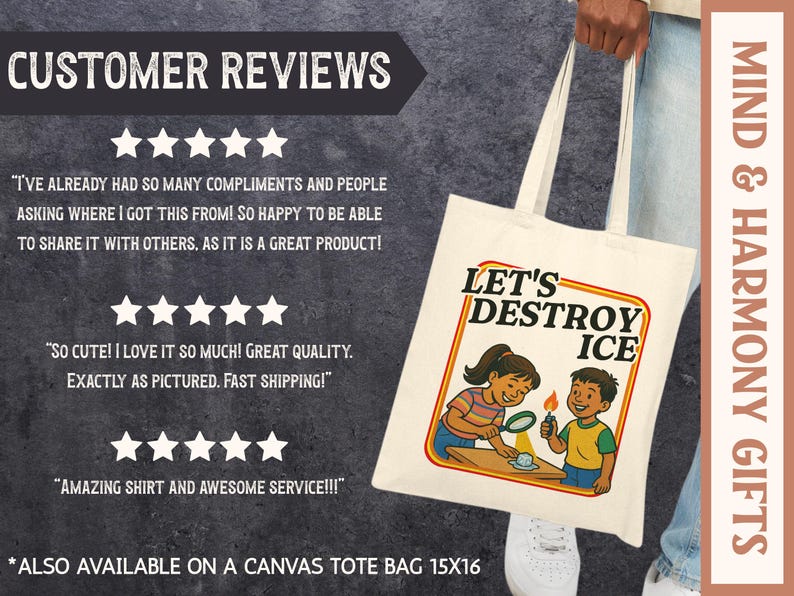 May include: Off-white canvas tote bag with the text "LET'S DESTROY ICE" and an illustration of two children. The bag is held by a person. The bag is 15x16 inches.