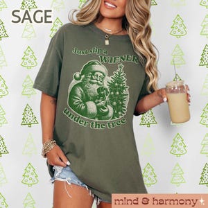 May include: A green t-shirt with a Christmas-themed graphic. The graphic features Santa Claus holding a puppy and a Christmas tree. The text on the shirt reads "Just slip a WIENER under the tree".