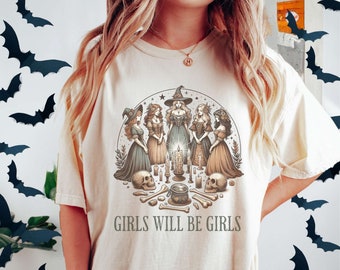 Koszulka „Girls Will Be Girls Witch Coven Comfort Colors” – feministyczna koszulka na Halloween
