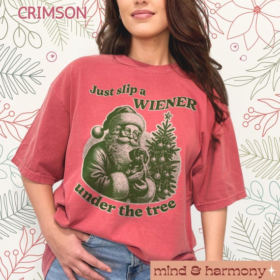 Dachshund Christmas Shirt Comfort Colors, Slip a Wiener Graphic Tshirt Doxie Mom Gift Holiday Dashie Sausage Dog Dad Gift Oversized Retro