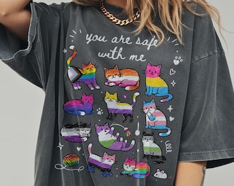 Safe With Me Cat Shirt, LGBTQ Pride Cats Tee Inclusive Ally Gift