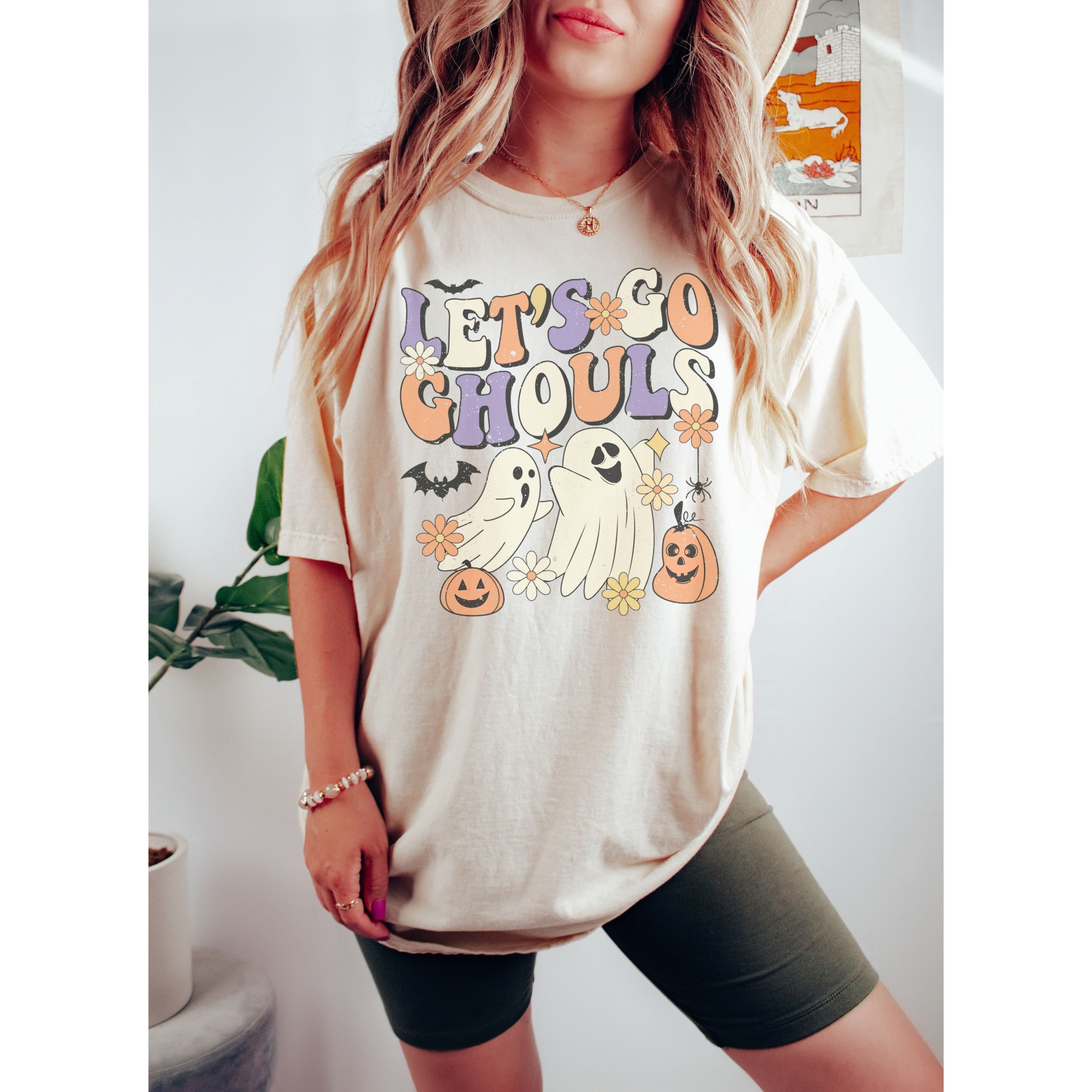 Discover Retro Halloween Shirt, Let's Go Ghouls Vintage Aesthetic Groovy Colors Comfort Cozy Oversized Tee Party Gift Costume Trick or Treating Ghoul