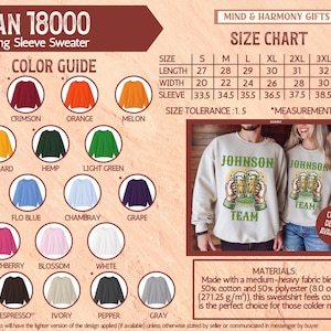 May include: A product image showcasing a Gildan 18000 unisex long sleeve sweater. The color guide displays various sweater colors, including red, crimson, and orange. A size chart in inches is also visible, along with a sample of the sweater design.