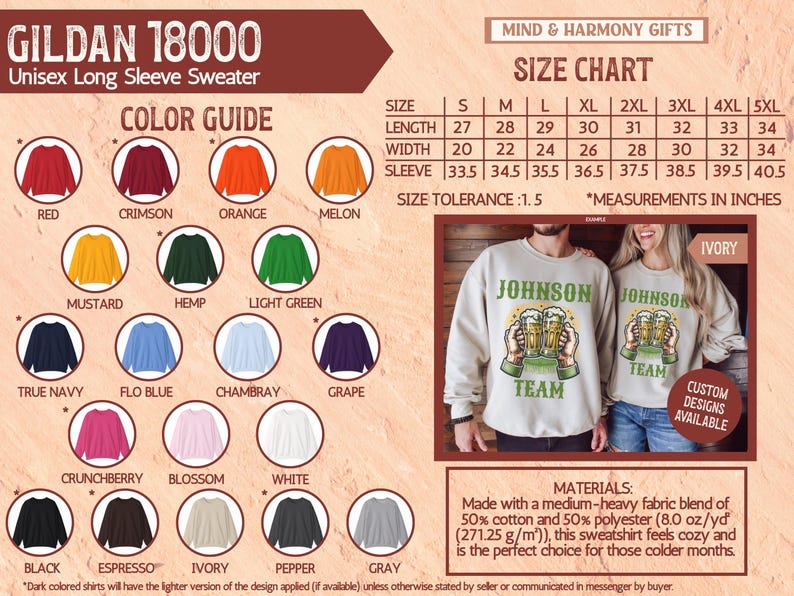 May include: A product image showcasing a Gildan 18000 unisex long sleeve sweater. The color guide displays various sweater colors, including red, crimson, and orange. A size chart in inches is also visible, along with a sample of the sweater design.