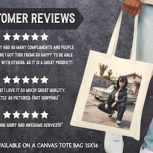 May include: A canvas tote bag with a printed image of a woman in front of a classic car. The bag is held by a person. Text on the bag reads "ALSO AVAILABLE ON A CANVAS TOTE BAG 15X16". The background includes customer reviews.