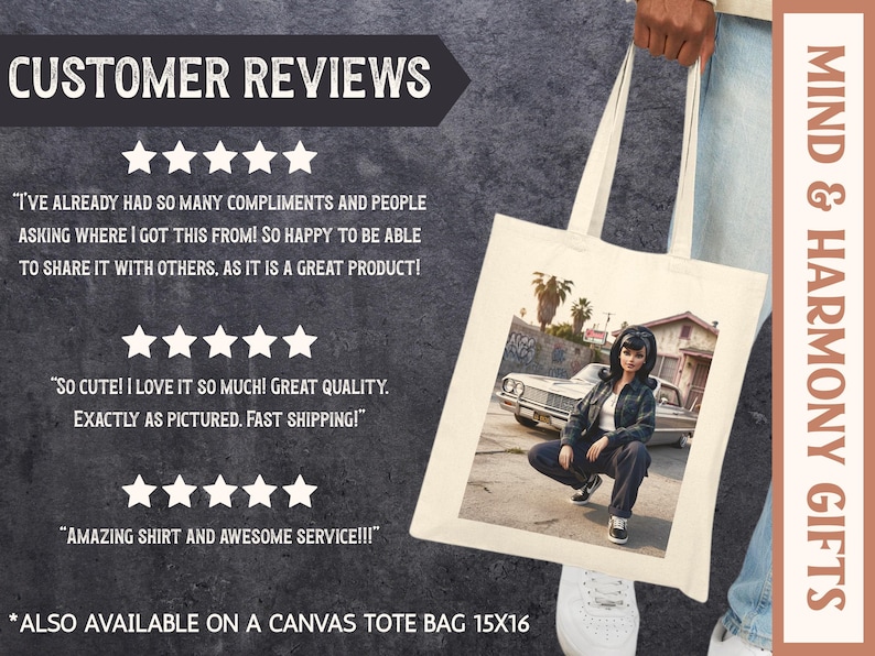 May include: A canvas tote bag with a printed image of a woman in front of a classic car. The bag is held by a person. Text on the bag reads "ALSO AVAILABLE ON A CANVAS TOTE BAG 15X16". The background includes customer reviews.