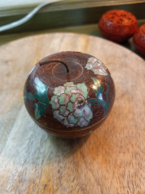 Vintage Cloisonne Apple shaped Floral Trinket box