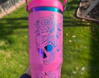 Skulls and Roses Rainbow Holographic Themed 30 oz Tumbler with Flip Straw