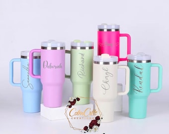Personalized 40oz Tumbler with Handle & Straw, Laser Engraved Stainless Steel Tumbler, Custom Name initial Tumbler, Christmas Gift