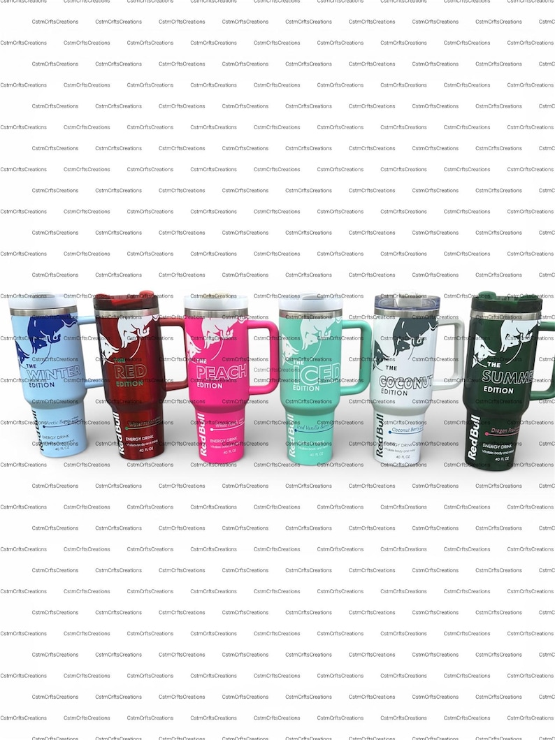 Pu&ograve; includere: Una collezione di bicchieri termici isolati con manici, ognuno con un design e un colore diversi. I bicchieri presentano il logo Red Bull e nomi di gusti come "Winter Edition" e "Peach Edition".