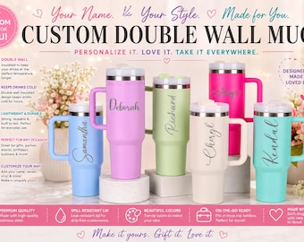 Personalized 40oz Tumbler with Handle & Straw, Laser Engraved Stainless Steel Tumbler, Custom Name initial Tumbler, Christmas Gift