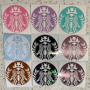 May include: Nine different coloured stickers featuring a skeleton wearing a crown and a mermaid tail. The stickers are in various colours including pink, purple, teal, blue, black, brown, and gold.