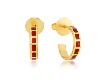 Tiny Gold Enamel Hoop Huggie Earrings - Gold Plated Mini Wedding Earrings -  Statement Earrings - Red Enamel Earring