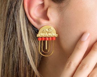 Dangle Lion Earrings - Coral Gemstone Pendant Earring - Artdeco Bridal Earrings - Handmade Gold Plated Silver - Gift for her