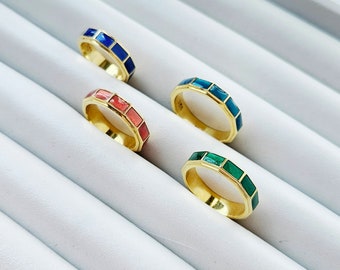 Modern Colorful Enamel Stacking Ring: 14k Gold Plated Sterling Silver Jewelry