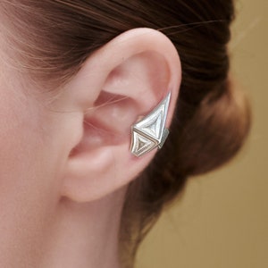 Sterling Silver Ear Cuff, Ear Cuff Men - Geometric Cuff Earring - Cool Thick Clip On Earring - No Piercing Ear cuff, Futuristic Earrings