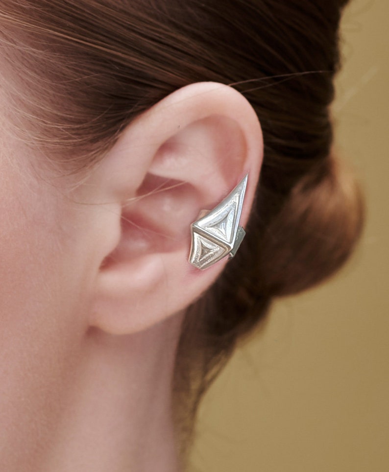 Sterling Silver Ear Cuff, Ear Cuff Men Geometric Cuff Earring Cool Thick Clip On Earring No Piercing Ear cuff, Futuristic Earrings image 1