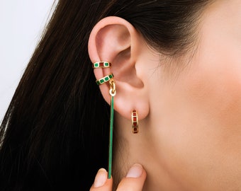 Minimal Conch Ear cuff - Gold Ear Cuff - Green and Red Enamel Sterling Silver Earring - Holiday Earrings Pack - Colorful Conch Earring