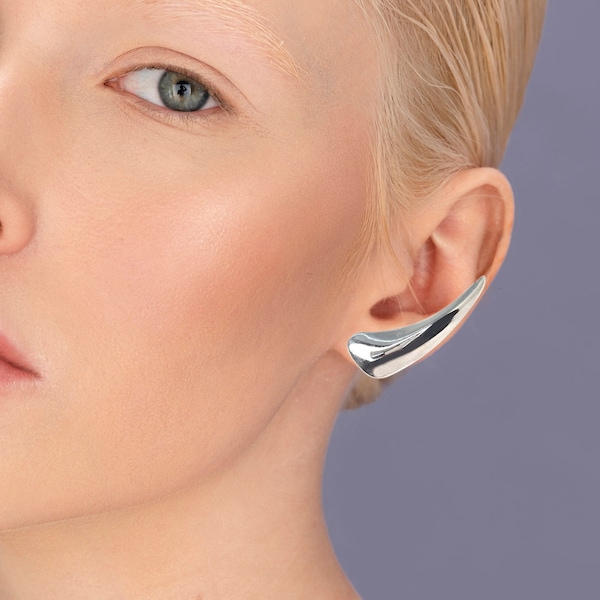 Sculptural Silver Ear Climber - Futuristic  Earring - Asymmetric Design - Organic shape earrings - Ear Cuff Men