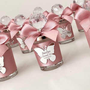 Rose Gold Sweet 16 Favors, Rose Gold Butterfly Candle Favors in Shot Glass, Quinceañera Party Favors,  Mis 15 Mis Quince 15 años Favors