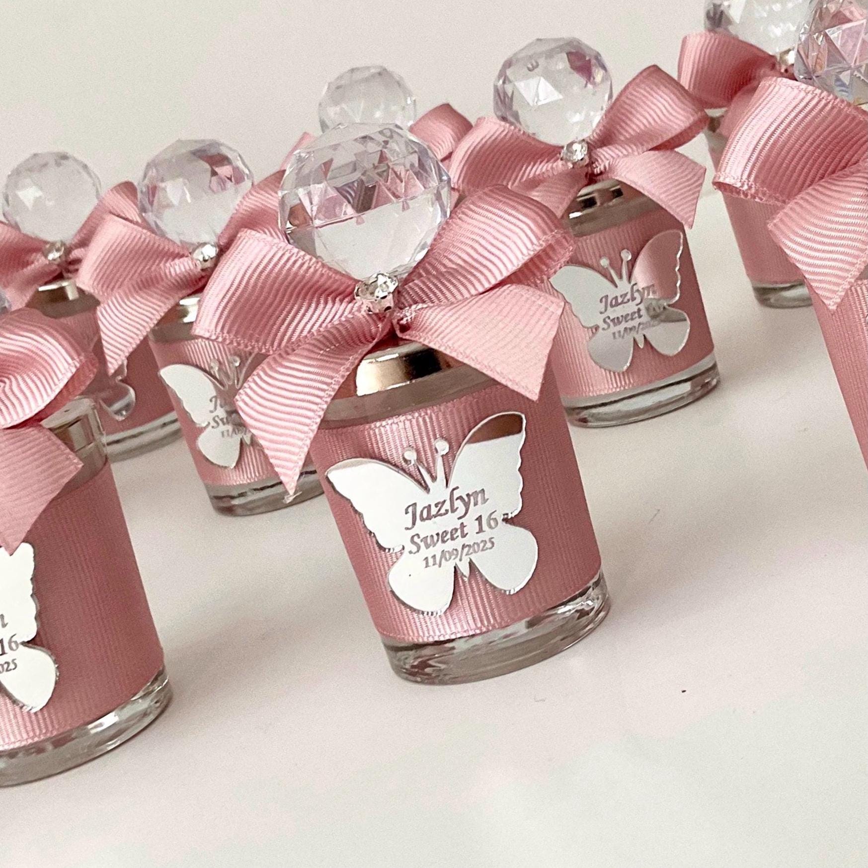 Rose Gold Sweet 16 Favors, Rose Gold Butterfly Candle Favors in Shot Glass, Quinceañera Party Favors,  Mis 15 Mis Quince 15 años Favors