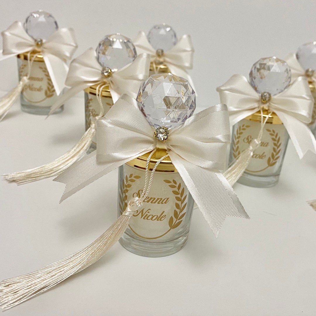 Ivory Bow Wedding Candle Favors: Personalized Shot Glass Party Favors ...