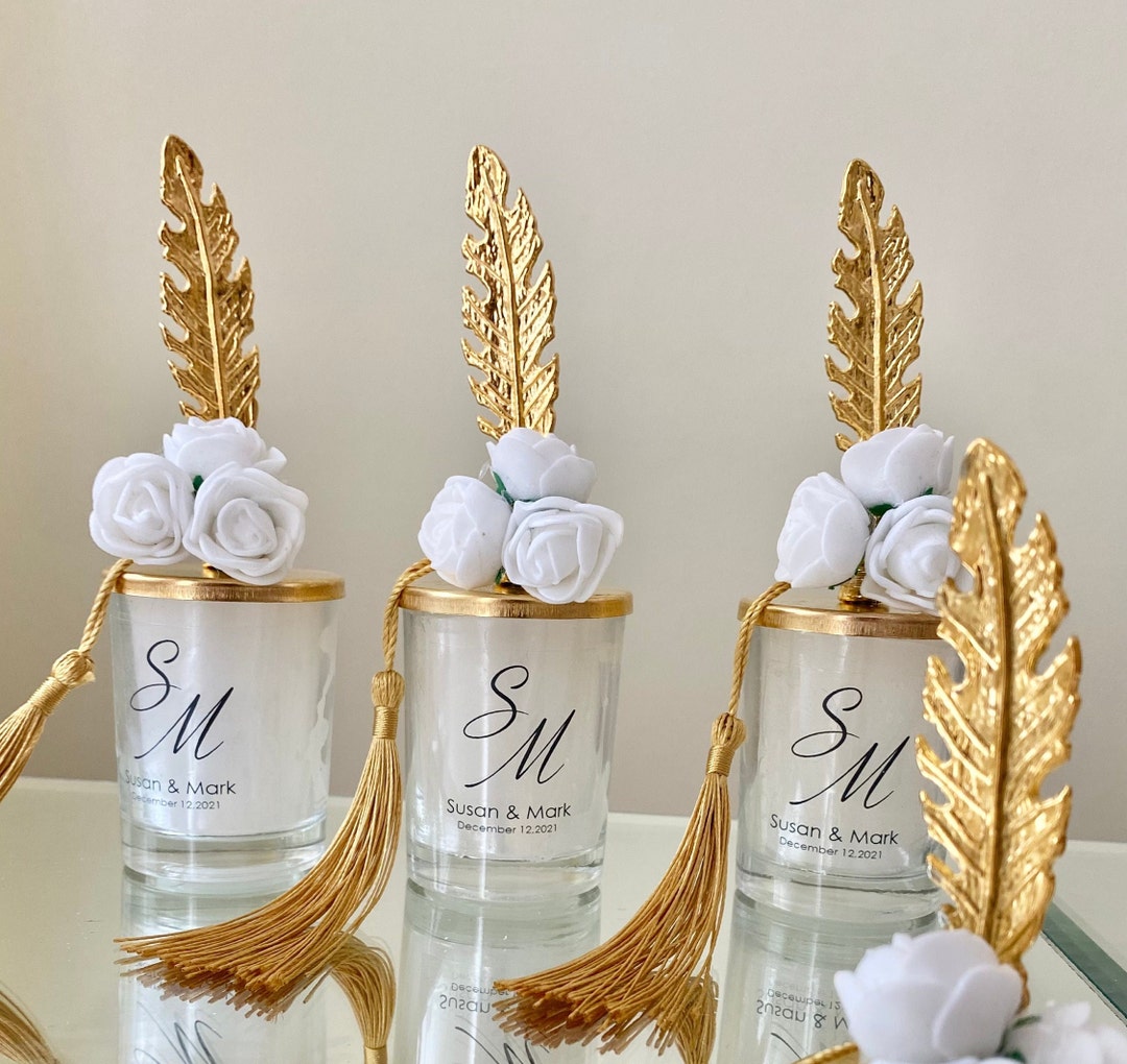 Gold Feather Lid Wedding Favors, Personalized Shot Glass Candle Favors ...