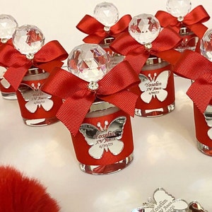 Quinceañera Party Favors, Personalized Elegant Butterfly Candle Favors in Shot Glass, Sweet 16 Mis 15 Mis Quince 15 años Favors, Red Favors