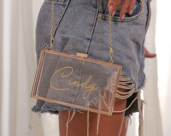 Personalized Acrylic Bridal Clutch with Golden Closure