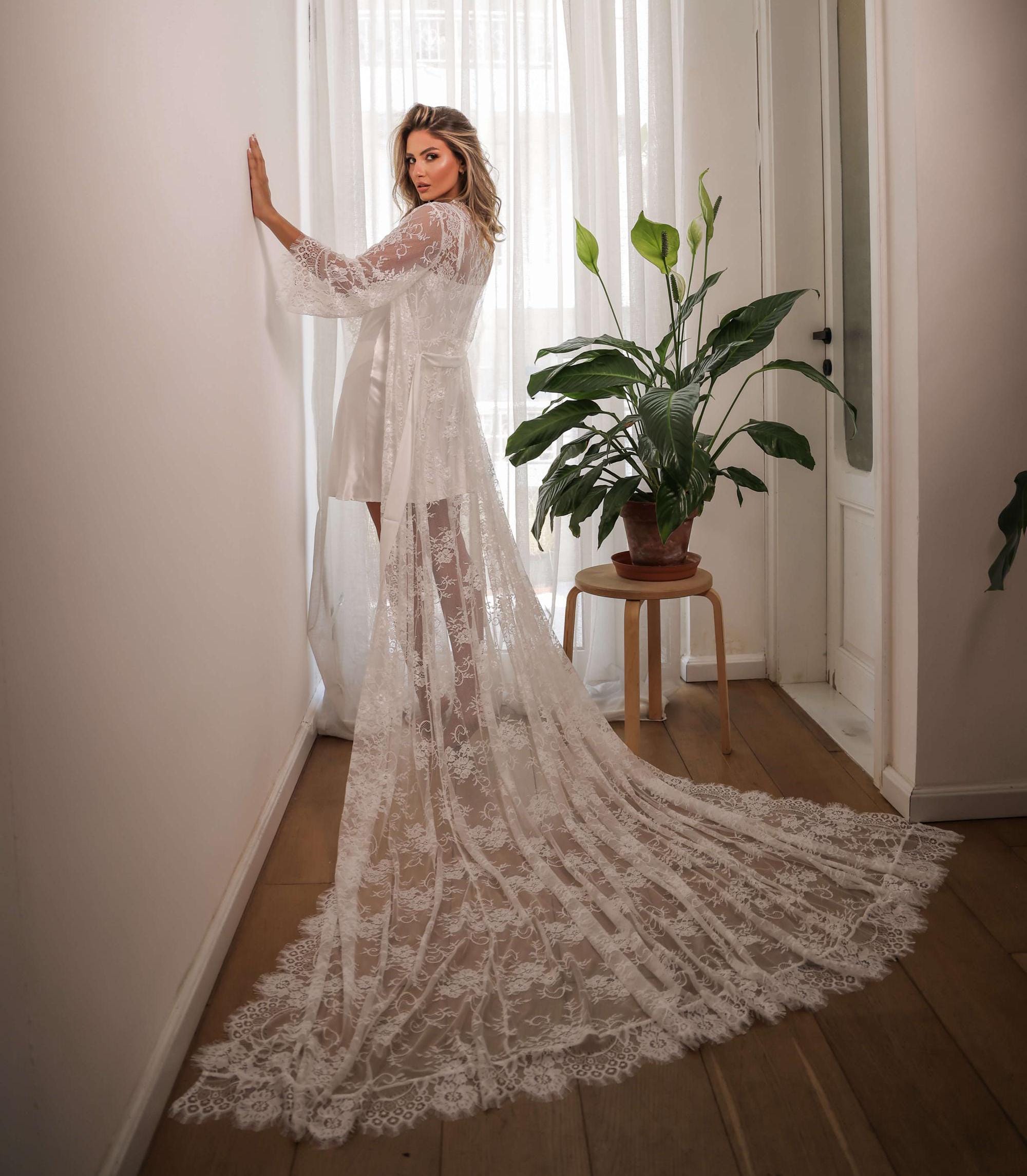 Alexandra Sophia Long All-Lace Robe (Includes Slip Dress)