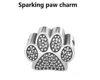 Sterling Silver Top Dog Bone Cat Paw Foot Print Black White Glass CZ Bead f/European Charm Bracelets