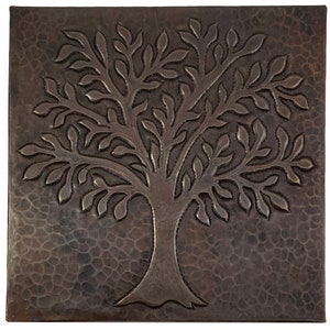 Hammered Copper Tile - Tree of Life Design - 1-6x6 hand hammered copper tiles with ceramic tile backer Dark Antique Copper