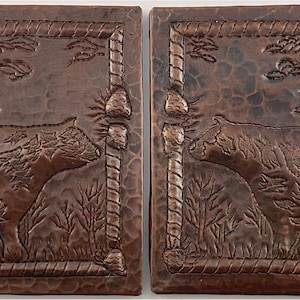 Copper Tile - Bear Scene Design - 2-4x4 hand hammered copper tiles with ceramic tile backer Dark Antique Copper