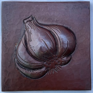 Hammered Copper Tile - Garlic Design - 4x4 hand hammered copper tiles with ceramic tile backer Dark Antique Copper