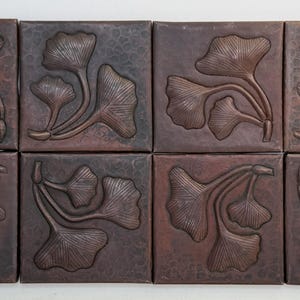 SALE - Copper Tile - 8-4x4 hand hammered copper tiles without ceramic tile backer-Dark Antique Copper-Leaf Design
