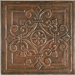 Hammered Copper Tile - Medallion Design - 1-10x10 hand hammered copper tiles with ceramic tile backer-Dark Antique Copper