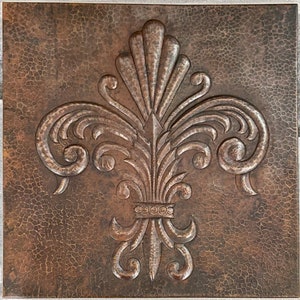 Hammered Copper Tile - Fleur De Lis Design - 1-18x18 hand hammered copper tile-Duo Toned Antique Copper
