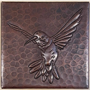 SALE - Copper Tile - Hummingbird Design - 1-4x4 hand hammered copper tiles with ceramic tile backer Dark Antique Copper
