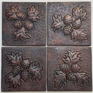 SALE - Copper Tile - 4-4x4 hand hammered copper tiles without backers-Dark Antique Copper-Acorn Design