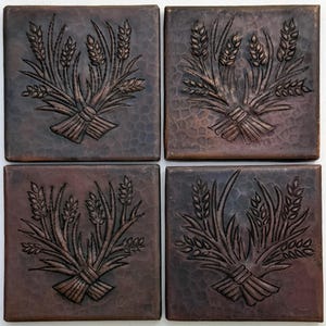 SALE - Copper Tile - 4-4x4 hand hammered copper tiles with Wheat Designs - Dark Antique Copper