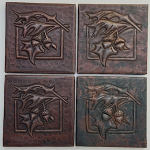 SALE - Copper Tile - 4-4x4 hand hammered copper tiles with ceramic tile backer-Dark Antique Copper-Acorns