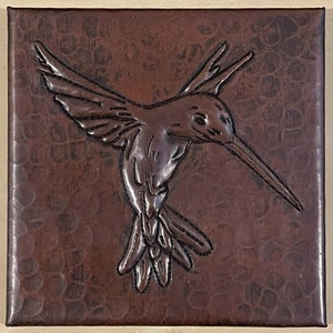 Hammered Copper Tile - Hummingbird Design - 1-4x4 hand hammered copper tiles with ceramic tile backer Dark Antique Copper