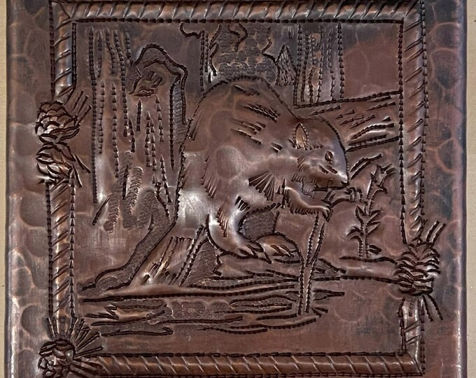 Hammered Copper Tile Beaver Scene Design 14x4 Hand Hammered Copper