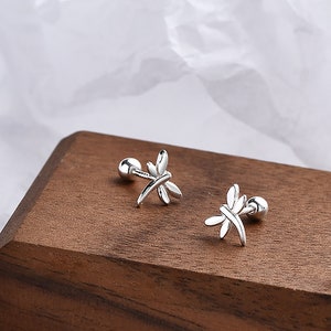 Sterling Silver screw back earrings for kids, small tiny dragonfly earrings stud , screw earrings girl, birthday gift for her with gift box