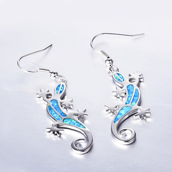 boucles d'oreilles en argent pour femmes, boucles d'oreilles Dangle - Drop, boucles d'oreilles gecko en argent sterling, boucles d'oreilles fille, opale bleue boucles d'oreilles cadeau d'anniversaire pour elle