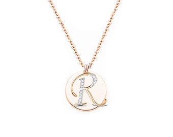 Personalised necklace for women, Rose Gold Plated Stainless Steel Alphabet R Necklace, disc Charms Initial necklace Minimalist Geometric