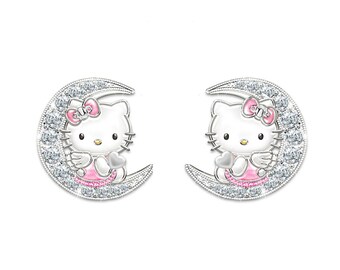 Sterling Silver hello Kitty Earrings for Women, Cute Zirconia "Love To The Moon" Cat Stud Earrings - Girls' Kids Birthday Gift with Gift Box