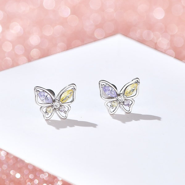 Sterling Silver screw back earrings for women, Austria crystal butterfly earrings stud ,earrings girl, birthday gift for her with gift box