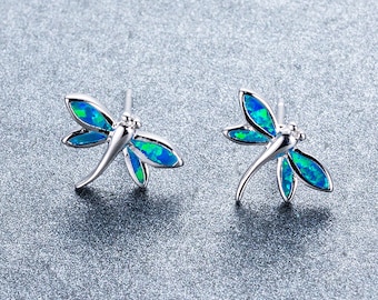 Sterling Silver earrings for women, opal earrings, dragonfly Earrings, girl earrings, white/ blue opal Stud Earrings, birthday Gift for her